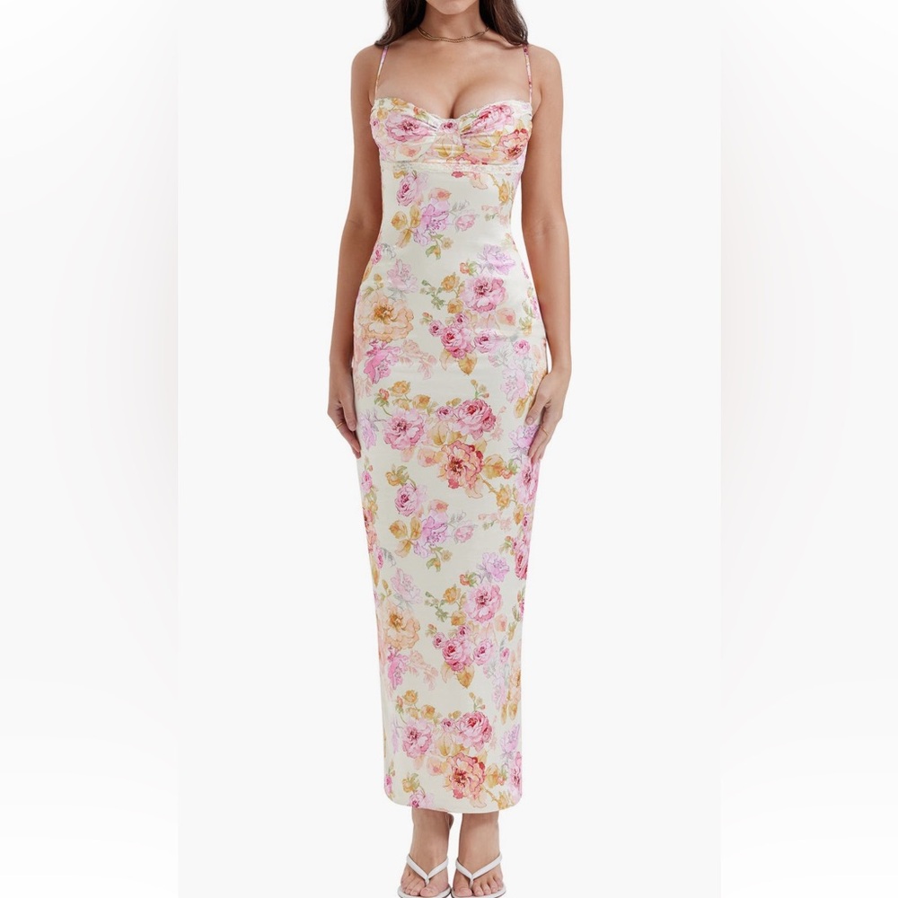 House of CB Josefina Floral Bustier Bodice Stretch Satin Body-Dress
